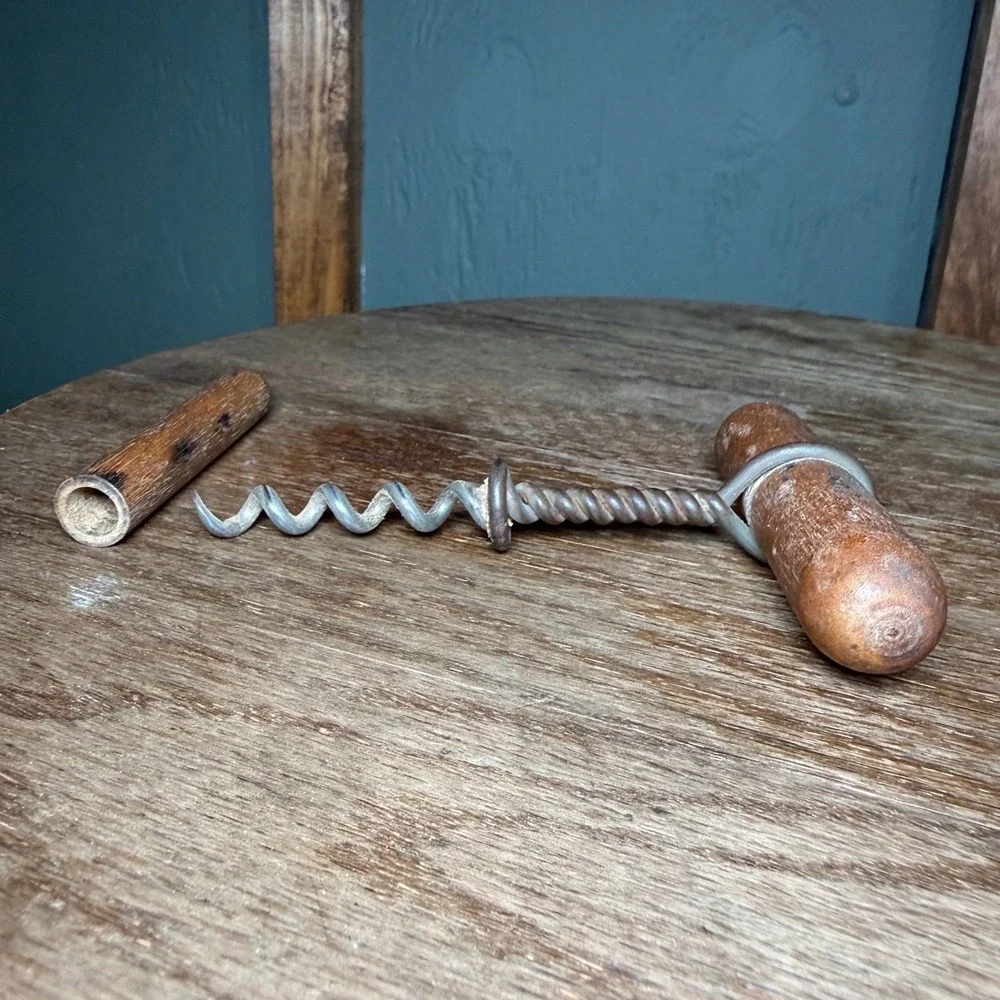 Antique Primitive Wooden T Handle Corkscrew with Sheath Twisted Wire Steel Worm